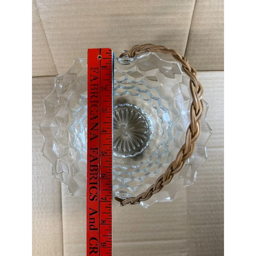 Rare Vintage Fostoria American Cube Glass Basket Wicker Handle Ruffled Rim
